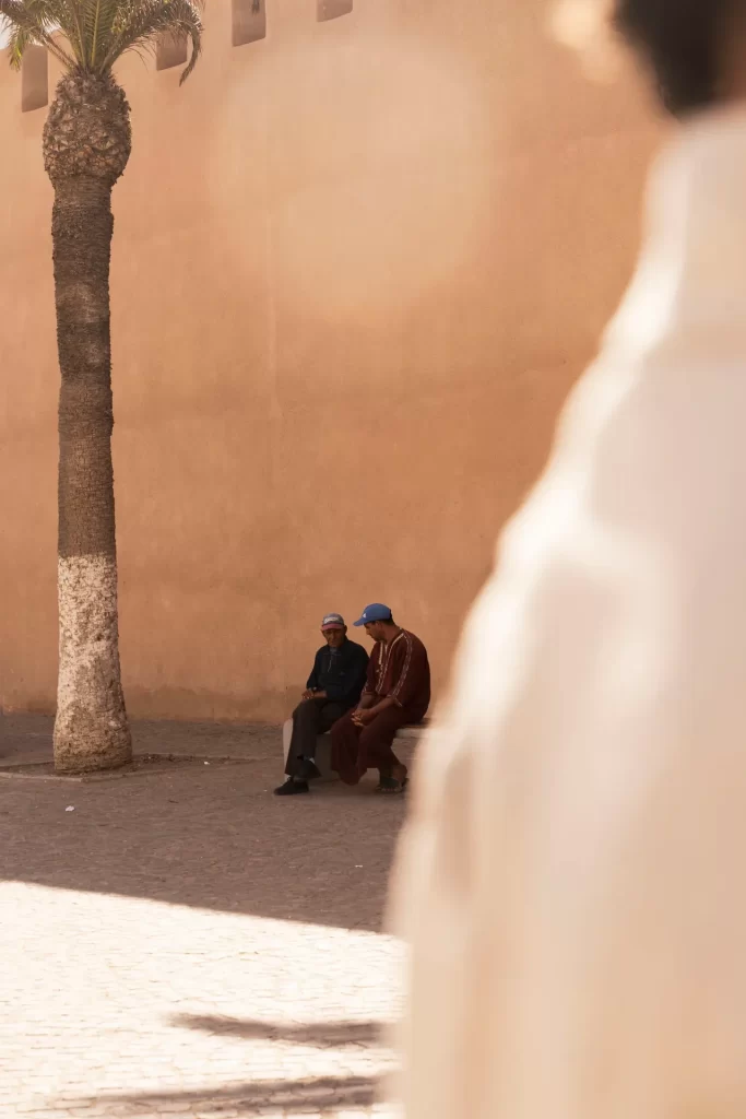 Dos hombres sentados en un banco junto a una palmera y un muro ocre