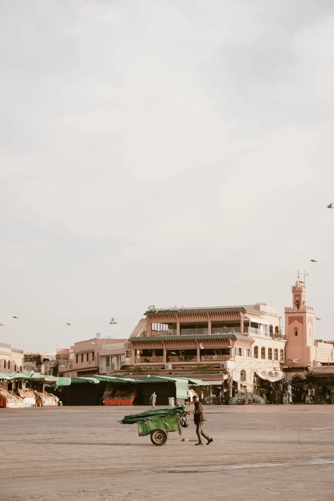 Hombre empujando un carro verde por una plaza amplia frente a puestos de mercado, edificios rosados y un alminar