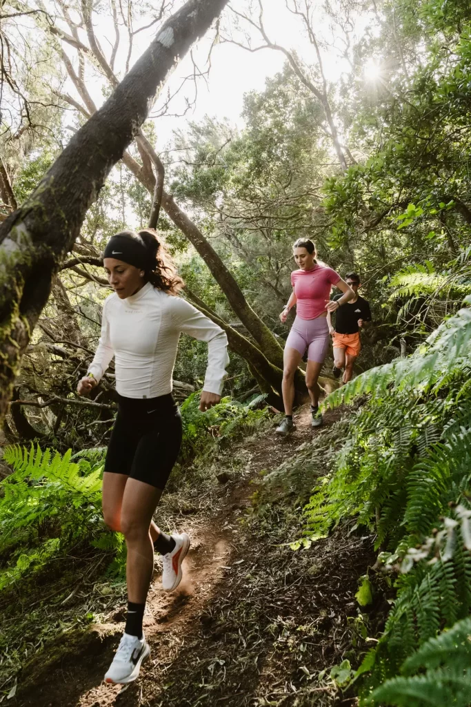 Tres corredores bajan por un sendero de tierra entre árboles y helechos